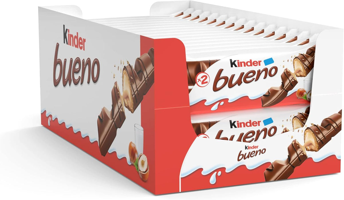Caja de 30 paquetes de Kinder Bueno Clásico (60 barritas). El icónico snack de crujiente barquillo con cremoso relleno de avellanas y bañado en chocolate con leche. Kinder - detalle