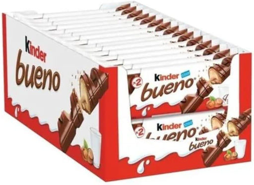 Caja de 30 paquetes de Kinder Bueno Clásico (60 barritas). El icónico snack de crujiente barquillo con cremoso relleno de avellanas y bañado en chocolate con leche. Kinder - frontal