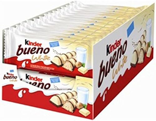 Caja de 30 paquetes de Kinder Bueno White. Cada paquete contiene 2 barritas de barquillo crujiente con relleno de leche y avellanas, cubiertas de chocolate blanco. Kinder - extra