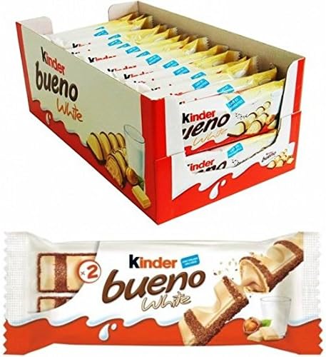 Caja de 30 paquetes de Kinder Bueno White. Cada paquete contiene 2 barritas de barquillo crujiente con relleno de leche y avellanas, cubiertas de chocolate blanco. Kinder - frontal