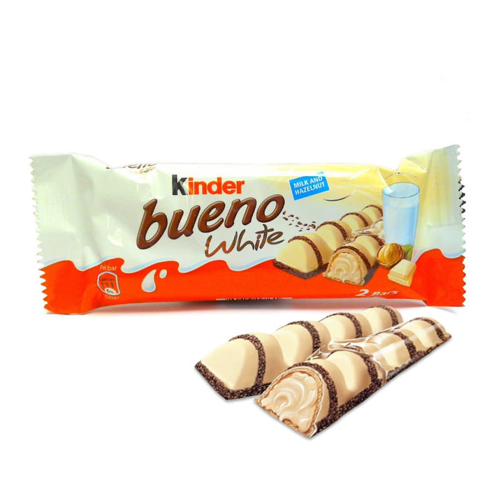 Caja de 30 paquetes de Kinder Bueno White. Cada paquete contiene 2 barritas de barquillo crujiente con relleno de leche y avellanas, cubiertas de chocolate blanco. Kinder - ingredientes