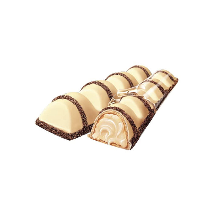 Caja de 30 paquetes de Kinder Bueno White. Cada paquete contiene 2 barritas de barquillo crujiente con relleno de leche y avellanas, cubiertas de chocolate blanco. Kinder - presentacion