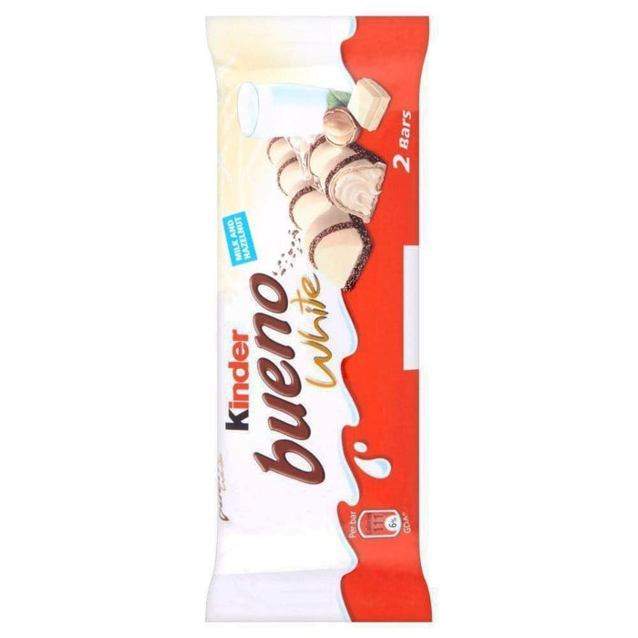 Caja de 30 paquetes de Kinder Bueno White. Cada paquete contiene 2 barritas de barquillo crujiente con relleno de leche y avellanas, cubiertas de chocolate blanco. Kinder - uso