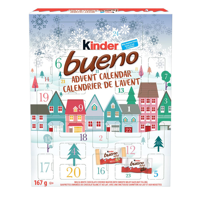 Calendario de Adviento Kinder Bueno 2024, la cuenta atrás más deliciosa para Navidad con 24 sorpresas de chocolate cremoso y barquillos crujientes. Un regalo ideal de 167g. Kinder - frontal