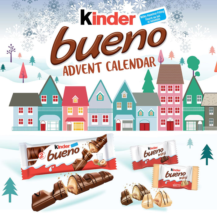 Calendario de Adviento Kinder Bueno 2024, la cuenta atrás más deliciosa para Navidad con 24 sorpresas de chocolate cremoso y barquillos crujientes. Un regalo ideal de 167g. Kinder - lateral
