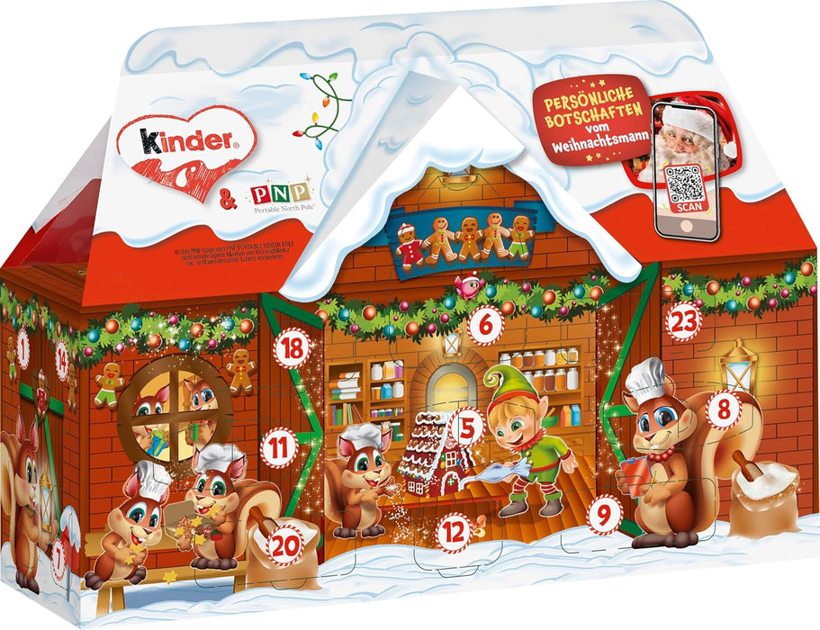 Calendario de Adviento Kinder con forma de Casita. Incluye 24 ventanas con un surtido de los mejores chocolates Kinder y mensajes de vídeo personalizados de Papá Noel. Kinder - detalle