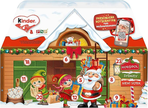 Calendario de Adviento Kinder con forma de Casita. Incluye 24 ventanas con un surtido de los mejores chocolates Kinder y mensajes de vídeo personalizados de Papá Noel. Kinder - frontal