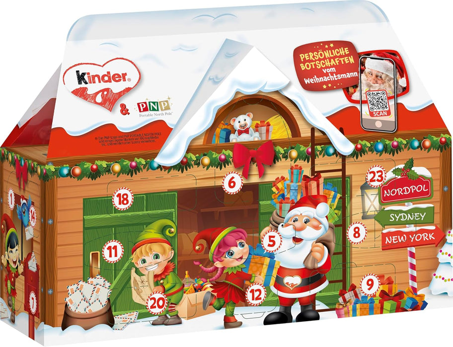 Calendario de Adviento Kinder con forma de Casita. Incluye 24 ventanas con un surtido de los mejores chocolates Kinder y mensajes de vídeo personalizados de Papá Noel. Kinder - ingredientes