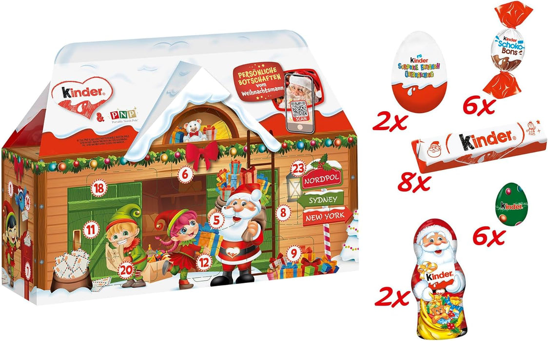 Calendario de Adviento Kinder con forma de Casita. Incluye 24 ventanas con un surtido de los mejores chocolates Kinder y mensajes de vídeo personalizados de Papá Noel. Kinder - uso