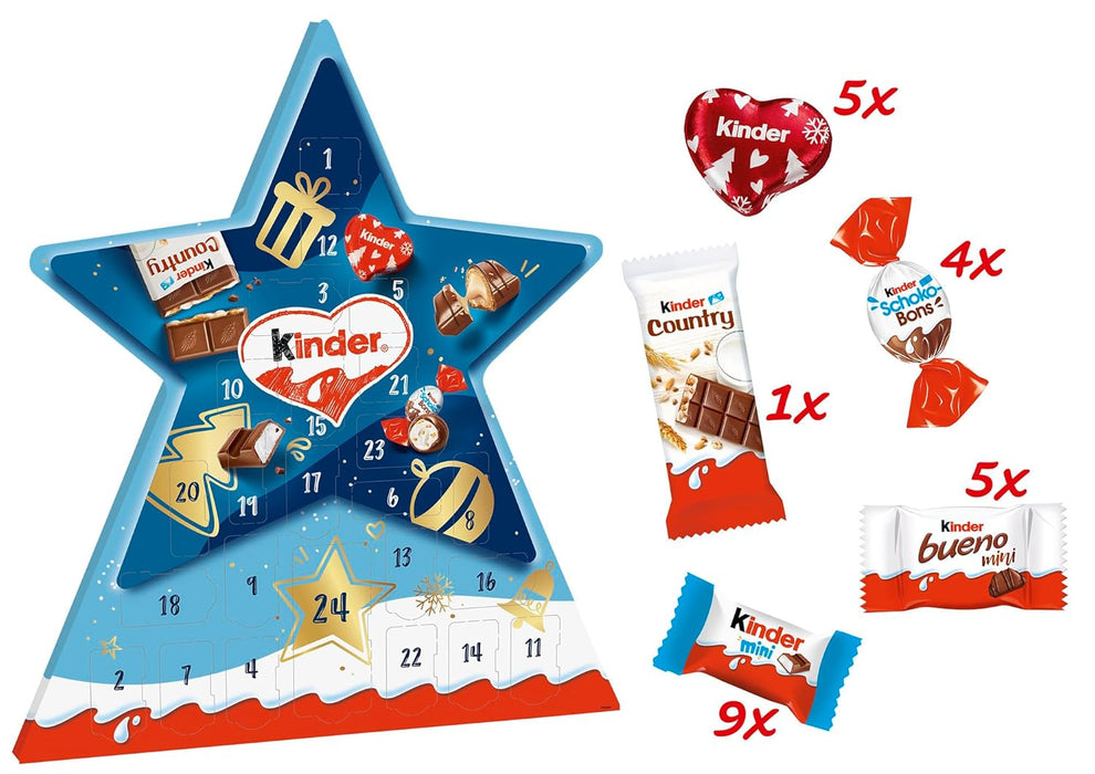 Calendario de Adviento Kinder con forma de Estrella. Un surtido de 24 bombones y chocolatinas Kinder para decorar y endulzar la cuenta atrás para la Navidad. Kinder - detalle