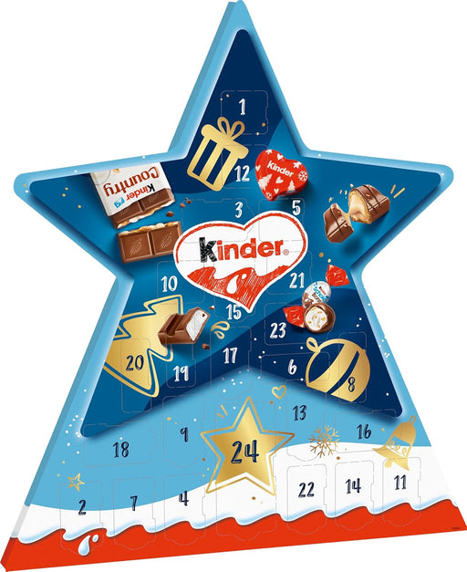 Calendario de Adviento Kinder con forma de Estrella. Un surtido de 24 bombones y chocolatinas Kinder para decorar y endulzar la cuenta atrás para la Navidad. Kinder - frontal