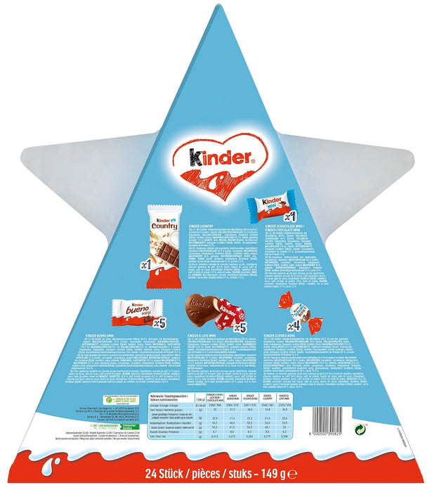 Calendario de Adviento Kinder con forma de Estrella. Un surtido de 24 bombones y chocolatinas Kinder para decorar y endulzar la cuenta atrás para la Navidad. Kinder - ingredientes