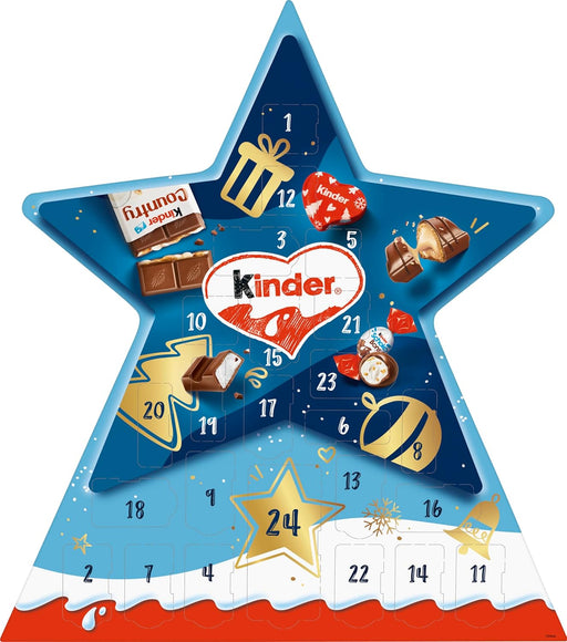 Calendario de Adviento Kinder con forma de Estrella. Un surtido de 24 bombones y chocolatinas Kinder para decorar y endulzar la cuenta atrás para la Navidad. Kinder - pack