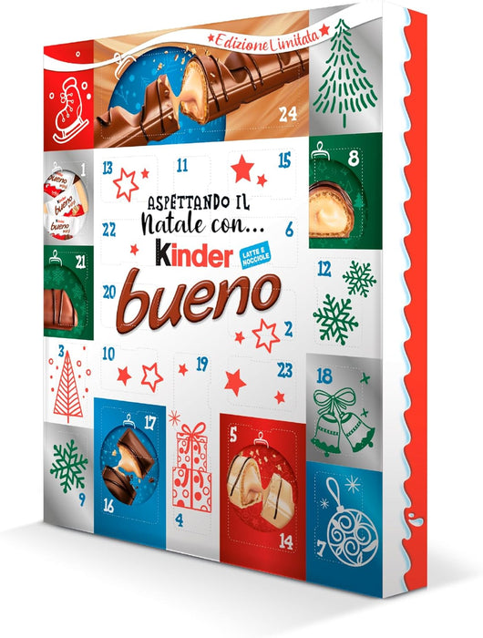 Kinder Calendario de Adviento, Caja con 24 sorpresas de chocolate. Un surtido de chocolatinas y snacks de chocolate con leche Kinder para la cuenta atrás de Navidad. Kinder - detalle