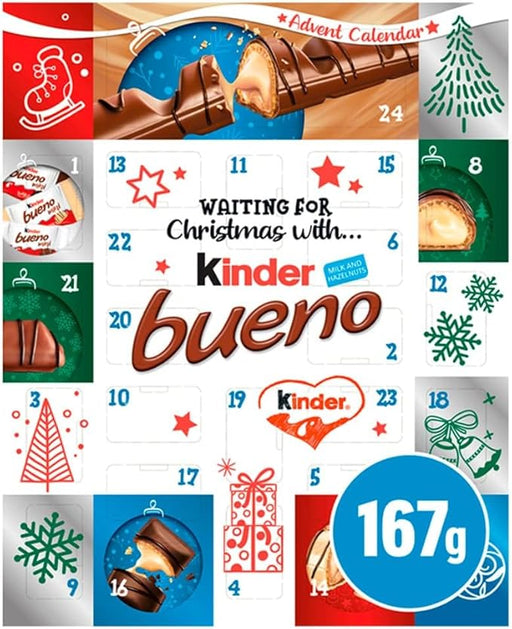 Kinder Calendario de Adviento, Caja con 24 sorpresas de chocolate. Un surtido de chocolatinas y snacks de chocolate con leche Kinder para la cuenta atrás de Navidad. Kinder - frontal