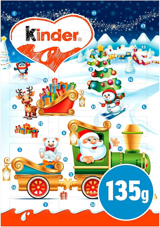 Kinder Chocolate Calendario de Adviento de 135g. La cuenta atrás más dulce para los niños con 24 sorpresas de chocolate con leche y chocolate con cereales. Kinder - frontal