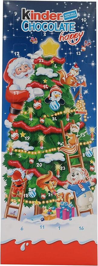 Kinder Chocolate Happy Calendario de Adviento. La cuenta atrás para Navidad con 24 deliciosos bombones de chocolate con leche y divertidas figuras navideñas para los niños. Kinder - frontal