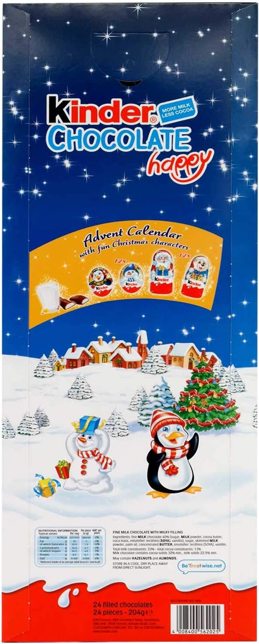 Kinder Chocolate Happy Calendario de Adviento. La cuenta atrás para Navidad con 24 deliciosos bombones de chocolate con leche y divertidas figuras navideñas para los niños. Kinder - pack