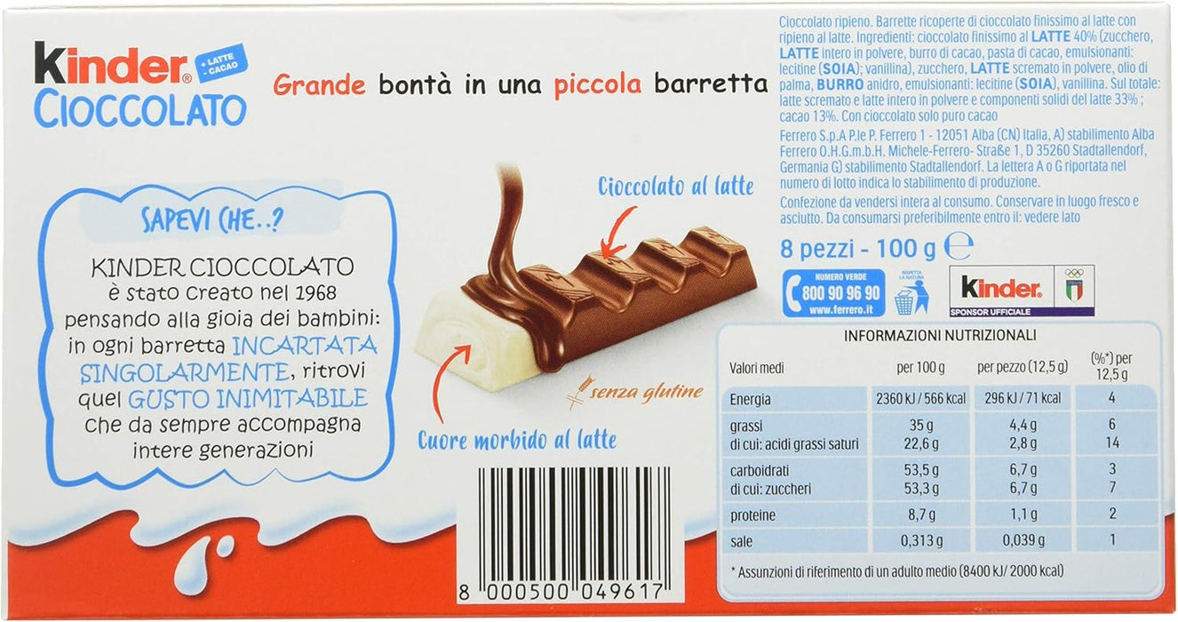 Kinder Chocolate, Mega Pack Familiar de 80 Barritas (1kg). Disfruta de la clásica chocolatina con corazón de leche en un formato ahorro con 10 paquetes de 8 barritas envueltas individualmente. Kinder - pack