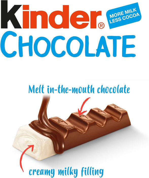 Kinder Chocolate, Mega Pack Familiar de 80 Barritas (1kg). Disfruta de la clásica chocolatina con corazón de leche en un formato ahorro con 10 paquetes de 8 barritas envueltas individualmente. Kinder - ingredientes