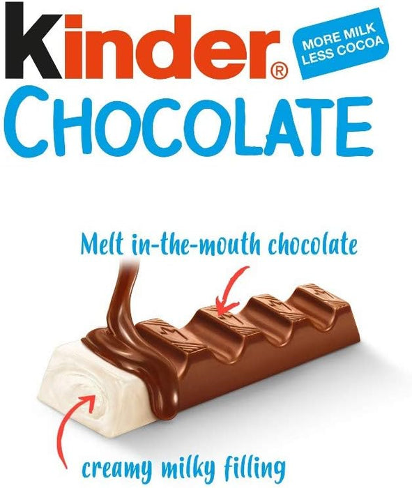 Kinder Chocolate, Mega Pack Familiar de 80 Barritas (1kg). Disfruta de la clásica chocolatina con corazón de leche en un formato ahorro con 10 paquetes de 8 barritas envueltas individualmente. Kinder - zoom