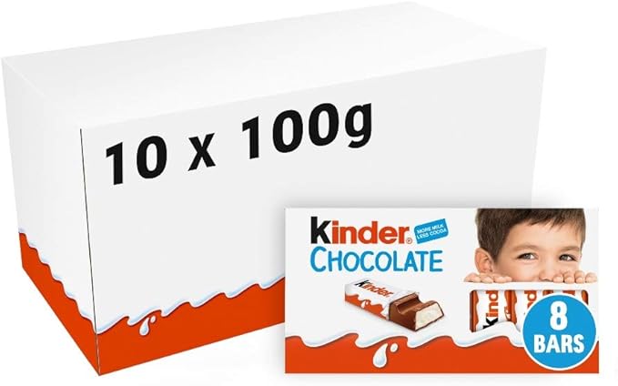 Kinder Chocolate, Mega Pack Familiar de 80 Barritas (1kg). Disfruta de la clásica chocolatina con corazón de leche en un formato ahorro con 10 paquetes de 8 barritas envueltas individualmente. Kinder - frontal