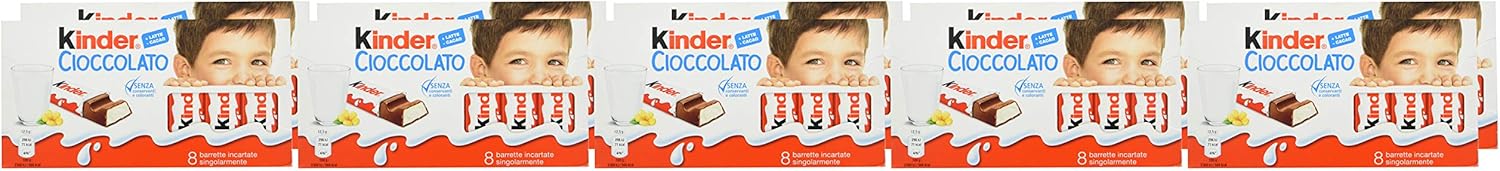 Kinder Chocolate, Mega Pack Familiar de 80 Barritas (1kg). Disfruta de la clásica chocolatina con corazón de leche en un formato ahorro con 10 paquetes de 8 barritas envueltas individualmente. Kinder - detalle