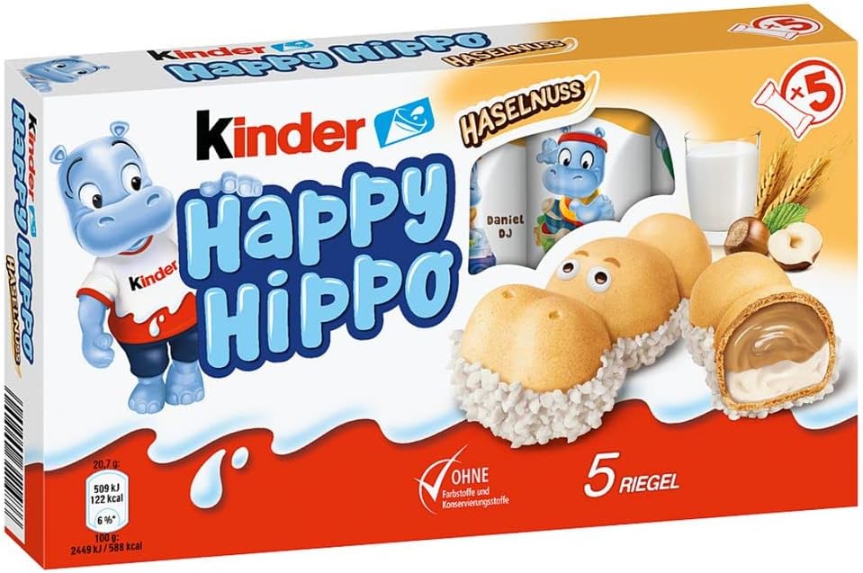Lote de 10 paquetes de Kinder Happy Hippo Avellana (50 barritas). El snack más divertido con barquillo en forma de hipopótamo y doble relleno de leche y avellanas. Kinder - detalle