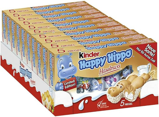 Lote de 10 paquetes de Kinder Happy Hippo Avellana (50 barritas). El snack más divertido con barquillo en forma de hipopótamo y doble relleno de leche y avellanas. Kinder - frontal