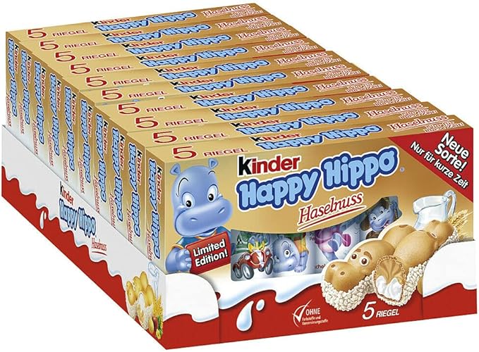 Lote de 10 paquetes de Kinder Happy Hippo Avellana (50 barritas). El snack más divertido con barquillo en forma de hipopótamo y doble relleno de leche y avellanas. Kinder - frontal