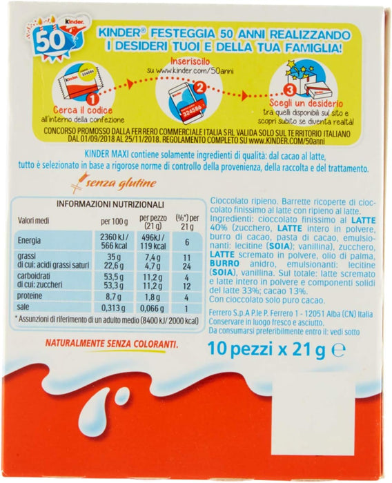 Pack de 10 Barritas Kinder Chocolate Maxi (210g). Las chocolatinas individuales con más leche y menos cacao, ideales para la merienda de los niños. Kinder - detalle