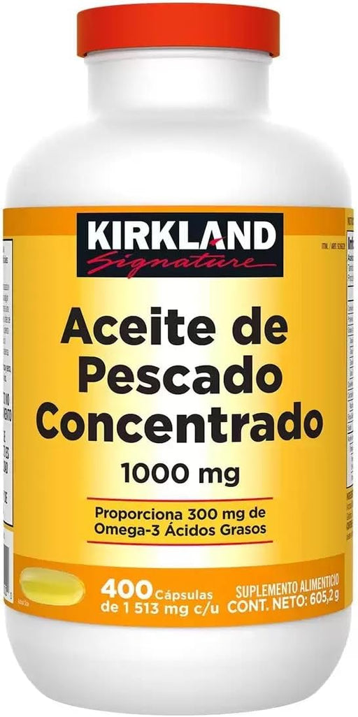 Kirkland Signature Aceite de Pescado con Omega-3, 400 Cápsulas de 1000mg. Un suplemento de alta calidad para el cuidado cardiovascular, cerebral y articular, elaborado con aceite de pescado puro. Kirkland - frontal