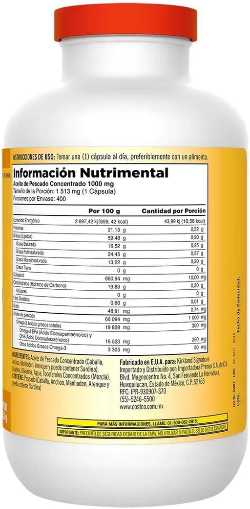 Kirkland Signature Aceite de Pescado con Omega-3, 400 Cápsulas de 1000mg. Un suplemento de alta calidad para el cuidado cardiovascular, cerebral y articular, elaborado con aceite de pescado puro. Kirkland - pack