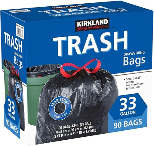Kirkland Signature Bolsas de Basura con Cierre de Cordón, 90 Unidades de 150 Litros. La solución extra grande y resistente para los residuos más exigentes del hogar, jardín o taller. Kirkland - frontal