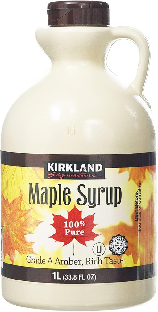 Kirkland Signature Sirope de Arce 100% Puro Grado A, Ámbar Sabor Rico, 1 Litro. El auténtico sirope canadiense con un sabor clásico y equilibrado, perfecto para tortitas, gofres y postres. Kirkland - frontal