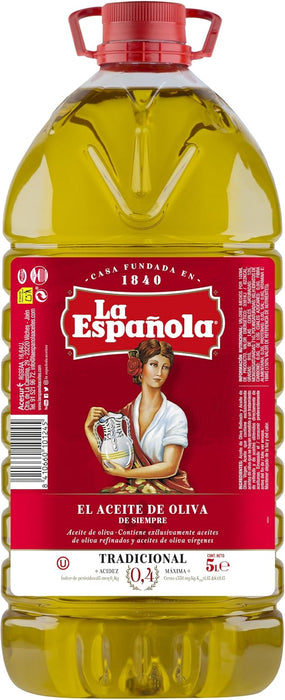 Aceite de Oliva Suave La Española en garrafa de 5 Litros, un aceite versátil y equilibrado con baja acidez, ideal para todo tipo de recetas, desde fritos hasta repostería. La Espanola - frontal