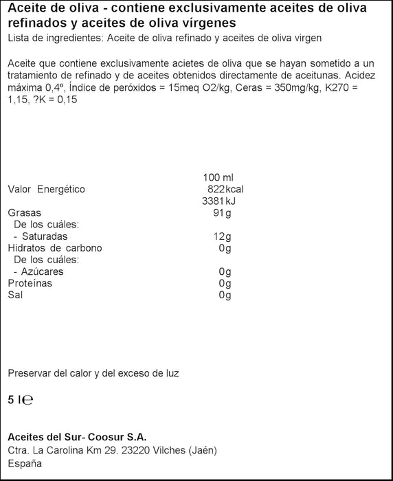 Aceite de Oliva Suave La Española en garrafa de 5 Litros, un aceite versátil y equilibrado con baja acidez, ideal para todo tipo de recetas, desde fritos hasta repostería. La Espanola - pack