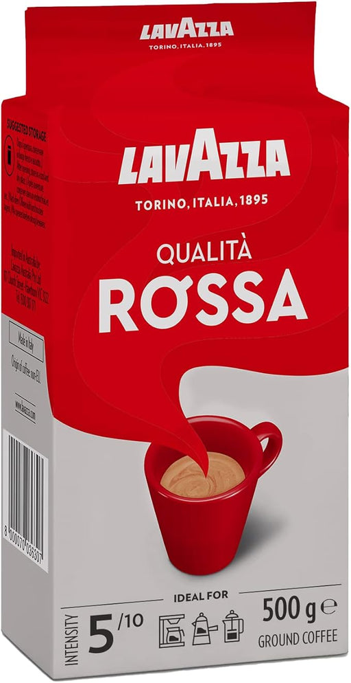 Café Molido Lavazza Qualità Rossa en paquete de 500g. El café italiano icónico, ideal para preparar espresso, cappuccino o latte macchiato con un sabor intenso y equilibrado. Lavazza - frontal