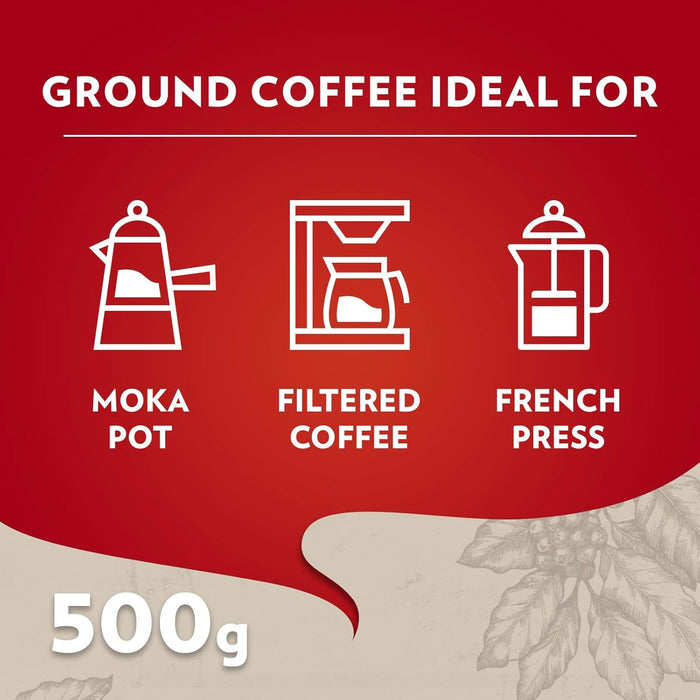 Café Molido Lavazza Qualità Rossa en paquete de 500g. El café italiano icónico, ideal para preparar espresso, cappuccino o latte macchiato con un sabor intenso y equilibrado. Lavazza - presentacion