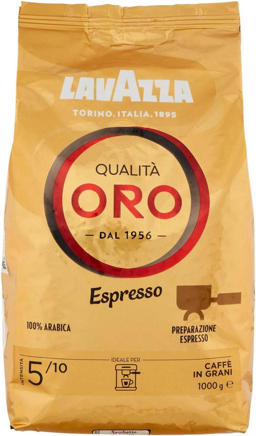 Lavazza Qualità Oro, Café en Grano de Tueste Natural, 1kg. Una sinfonía de café 100% Arábica con notas aromáticas de frutas y flores, ideal para un espresso perfecto. Lavazza - pack