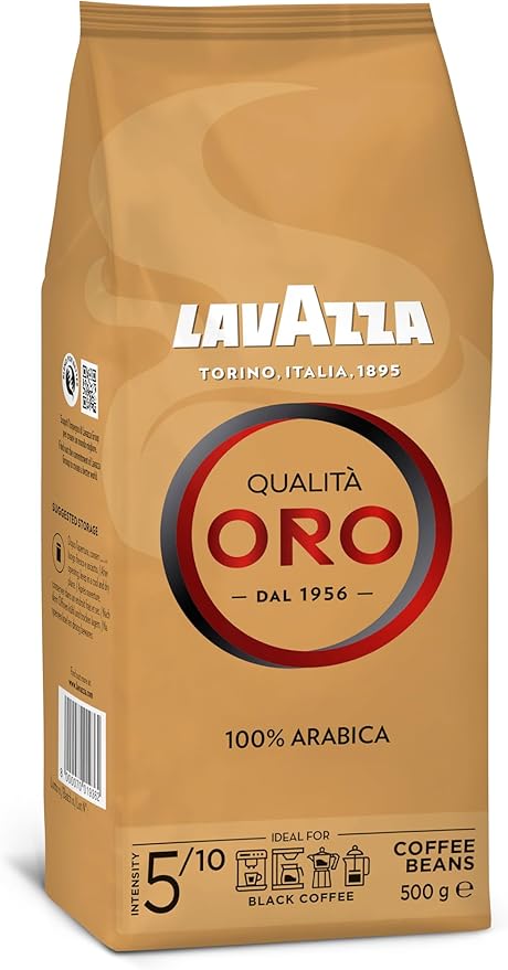 Lavazza Qualità Oro, Café en Grano de Tueste Natural, 500g. Un café 100% Arábica con notas de frutas y flores, ideal para disfrutar de un espresso de calidad superior. Lavazza - frontal