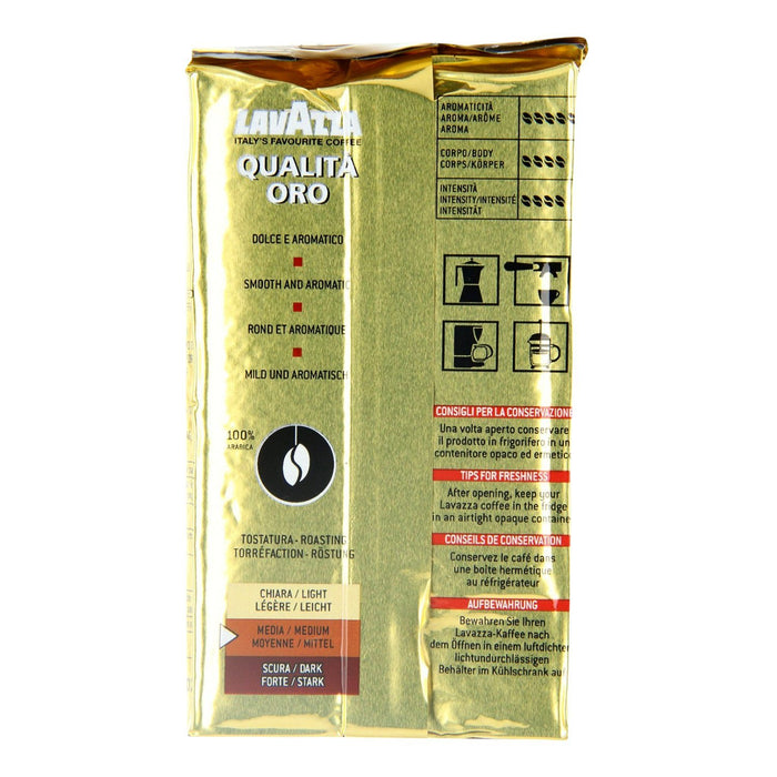 Lavazza Qualità Oro Café Molido 100% Arábica, pack ahorro de 4x250g (1Kg). Un blend premium con notas de frutas y flores para disfrutar del auténtico espresso italiano en casa. Lavazza - lateral