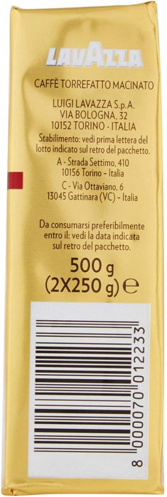 Lavazza Qualità Oro Café Molido 100% Arábica, pack de 2x250g. El blend premium e icónico de Italia con sabor suave y aromático, ideal para cafetera italiana y de filtro. Lavazza - extra