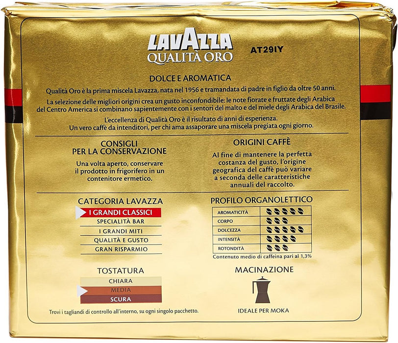 Lavazza Qualità Oro Café Molido 100% Arábica, pack de 2x250g. El blend premium e icónico de Italia con sabor suave y aromático, ideal para cafetera italiana y de filtro. Lavazza - ingredientes