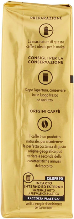 Lavazza Qualità Oro Café Molido 100% Arábica, pack de 2x250g. El blend premium e icónico de Italia con sabor suave y aromático, ideal para cafetera italiana y de filtro. Lavazza - lateral