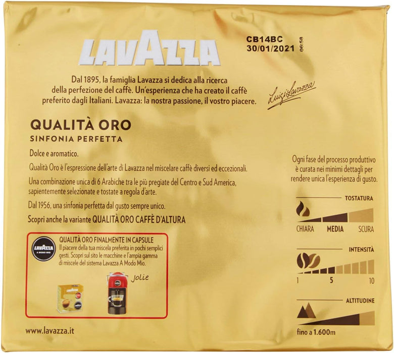 Lavazza Qualità Oro Café Molido 100% Arábica, pack de 2x250g. El blend premium e icónico de Italia con sabor suave y aromático, ideal para cafetera italiana y de filtro. Lavazza - presentacion