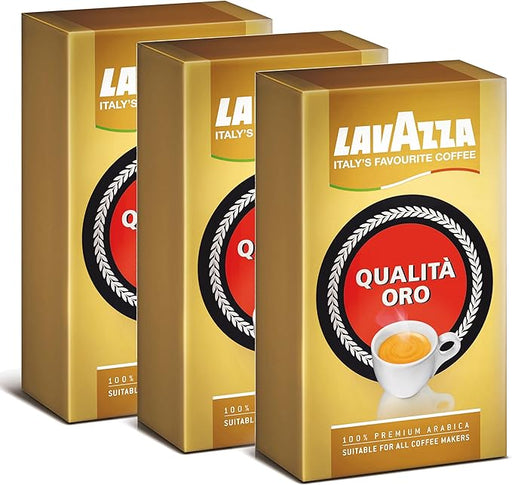 Lavazza Qualità Oro Café Molido 100% Arábica, pack de 3x250g. El blend premium e icónico de Italia con sabor suave y aromático, ideal para cafetera italiana y de filtro. Lavazza - frontal
