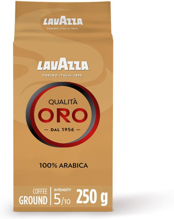 Lavazza Qualità Oro, Café Molido de Tueste Natural, 250g. Un café 100% Arábica para espresso, con un sabor dulce y aromático a frutas y flores, ideal para tu cafetera. Lavazza - extra