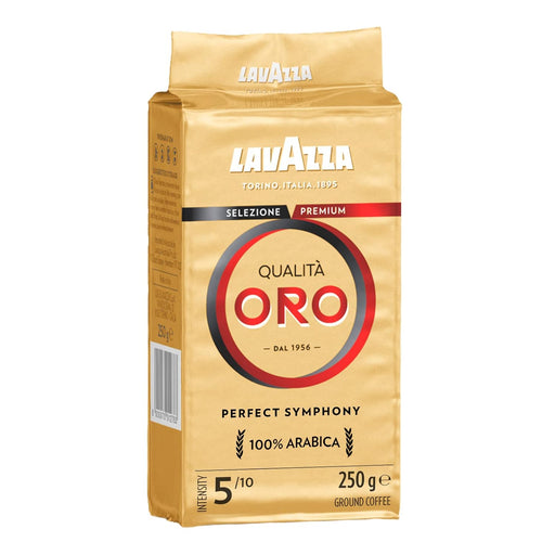 Lavazza Qualità Oro, Café Molido de Tueste Natural, 250g. Un café 100% Arábica para espresso, con un sabor dulce y aromático a frutas y flores, ideal para tu cafetera. Lavazza - frontal