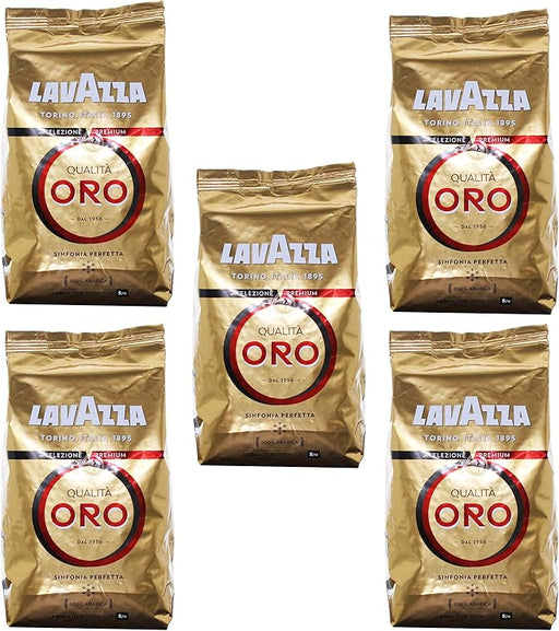 Lavazza Qualità Oro, pack ahorro de 5 bolsas de café en grano 100% Arábica (5x1Kg). Un blend premium, suave y aromático para disfrutar del auténtico sabor del espresso italiano. Lavazza - frontal